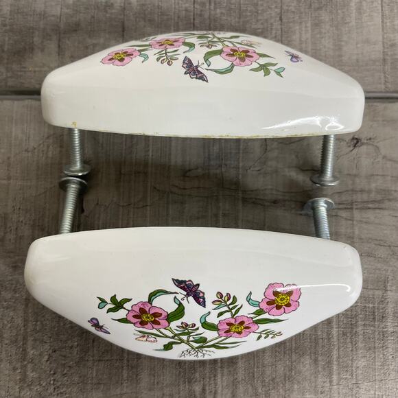 Vtg White Porcelain Floral Drawer Pull Handle 3” Rosa Canina English JAPAN - Picture 5 of 7